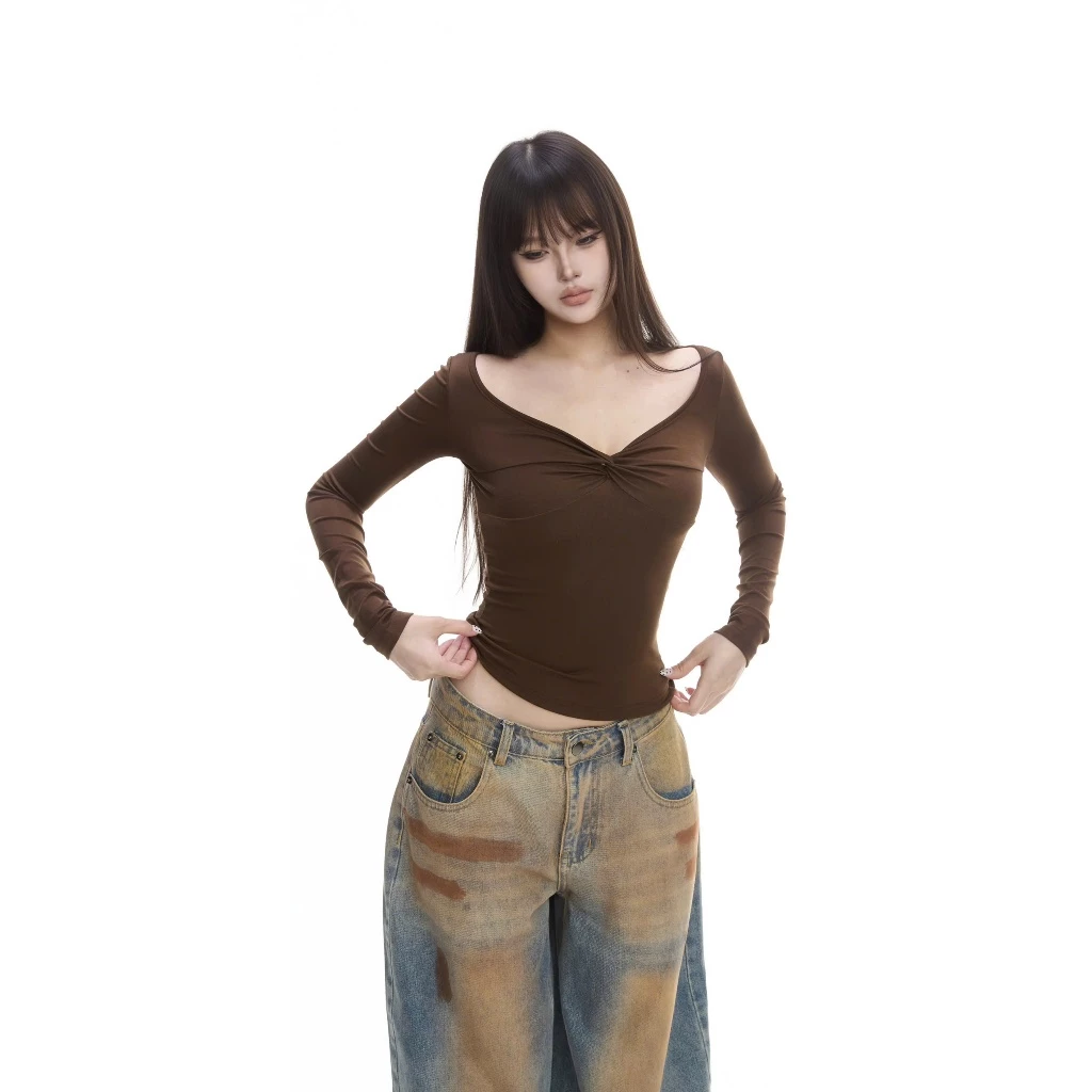 Áo thun xoắn ngực dài tay ôm body xẻ V P5 đen - Orimi