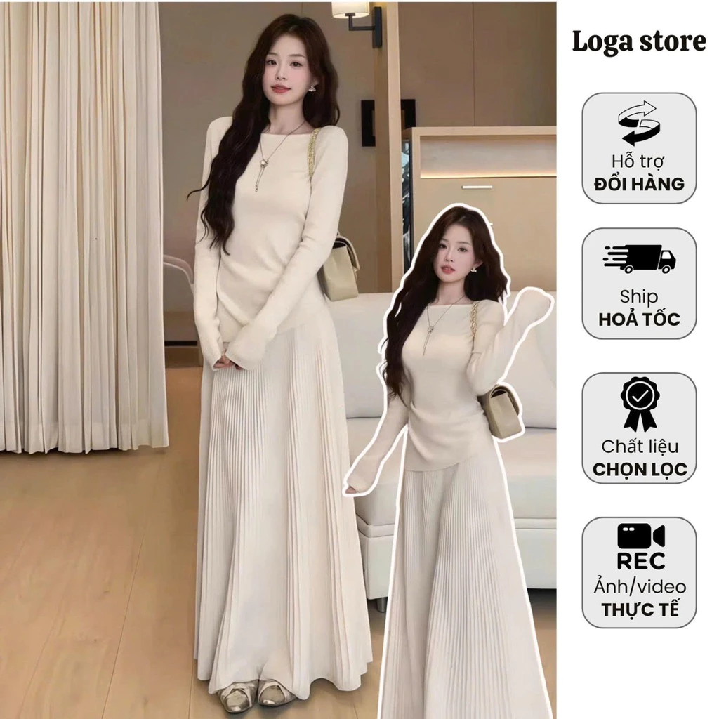 Set áo dài tay nhún eo kèm chân váy xếp ly màu kem, set đồ nữ dáng dài kèm chân váy dáng tiểu thư Loga Store L_98