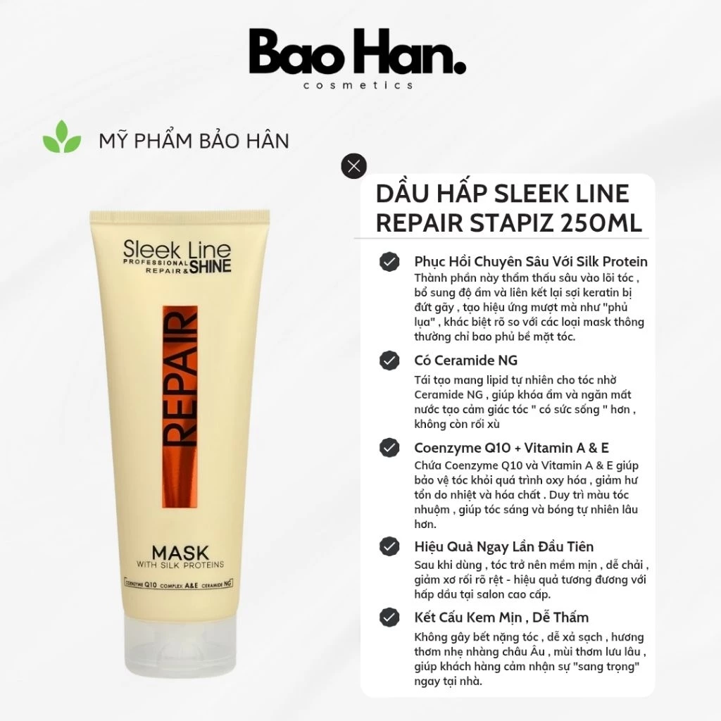 DẦU HẤP/XẢ CHỮA TRỊ SLEEK LINE REPAIR STAPIZ 250ml