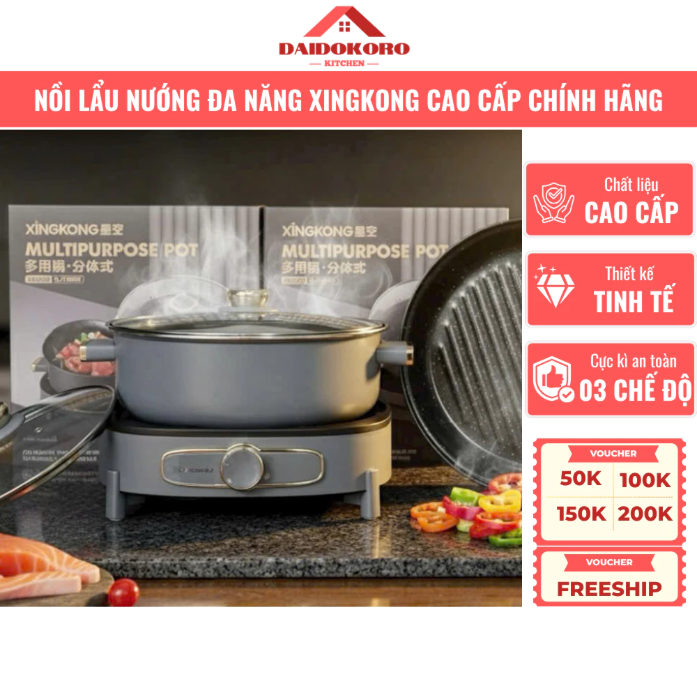 Nồi Lẩu Nướng Đa Năng Cao Cấp XINGKONG Chính Hãng 1500W, Chất Liệu Cao Cấp, 03 Lớp Bảo Vệ An Toàn