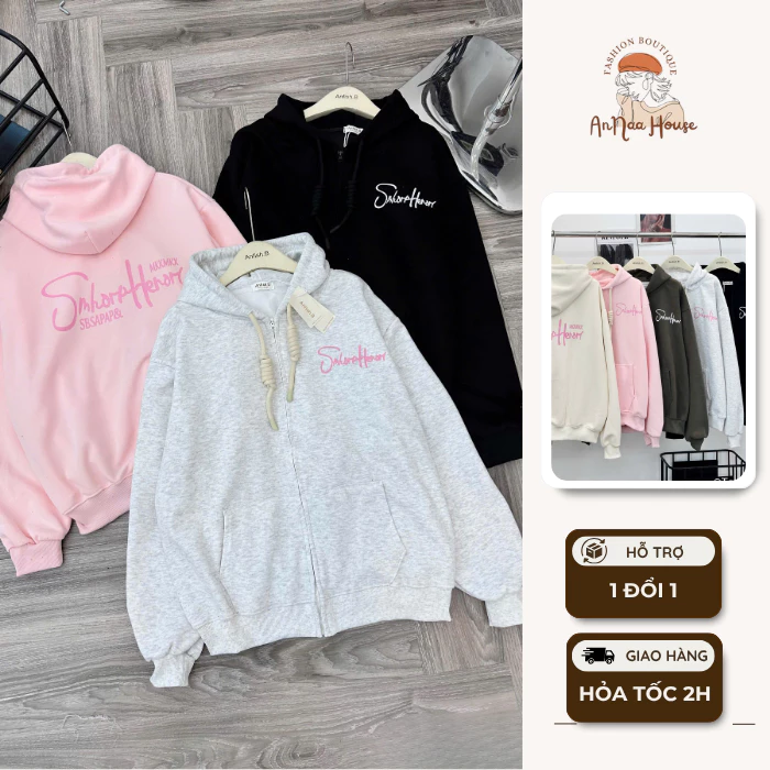 Áo khoác hoodie chất liệu dày dặn form suông dáng dài in chữ, áo khoác nỉ khóa zip phong cách trẻ trung ANNA HOUSE