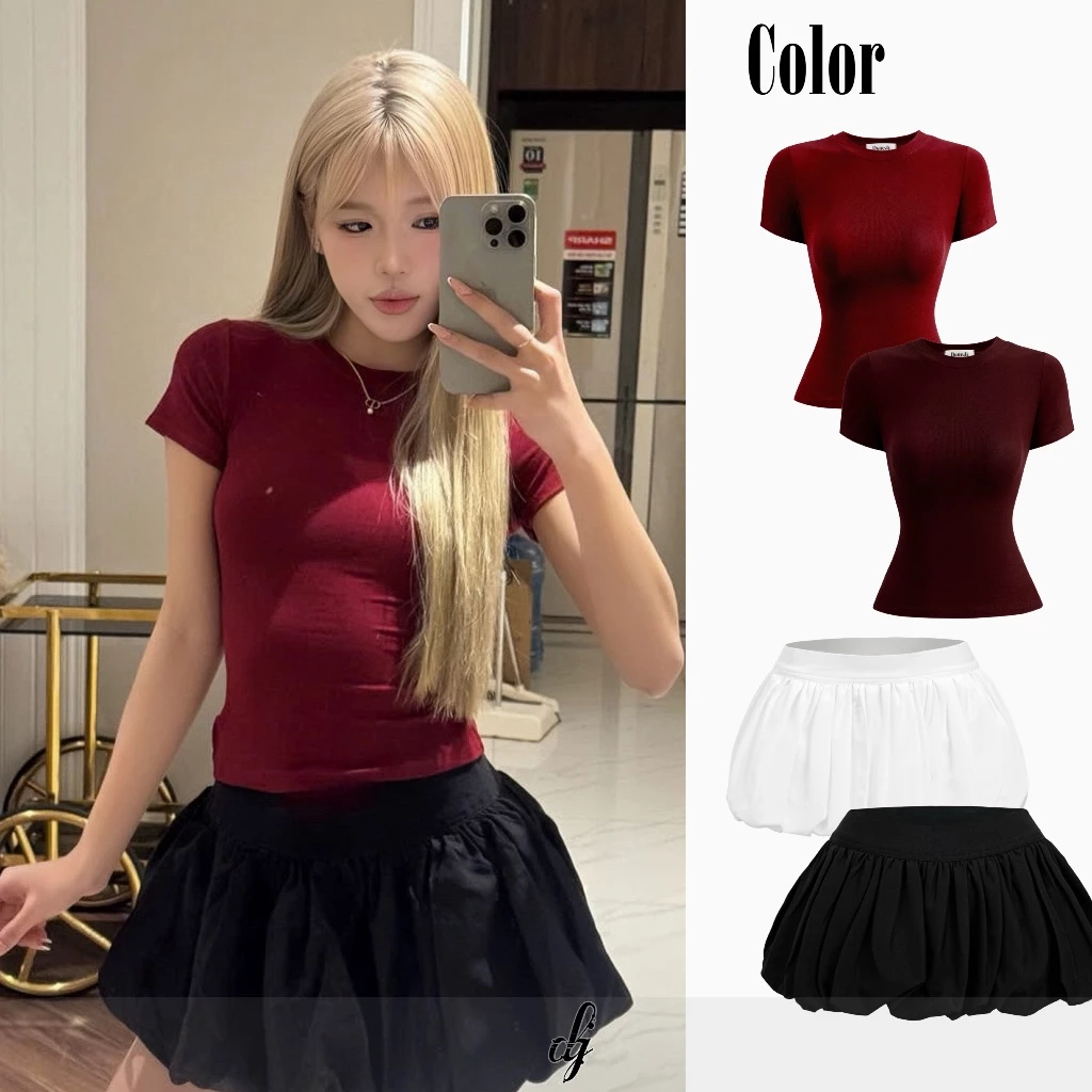 [ 𝐍𝐎𝐄𝐋 𝐅𝐈𝐓 ] Set babytee slimfit và Chân váy bí phông cạp thun bản to form ngắn [ TET FIT ]