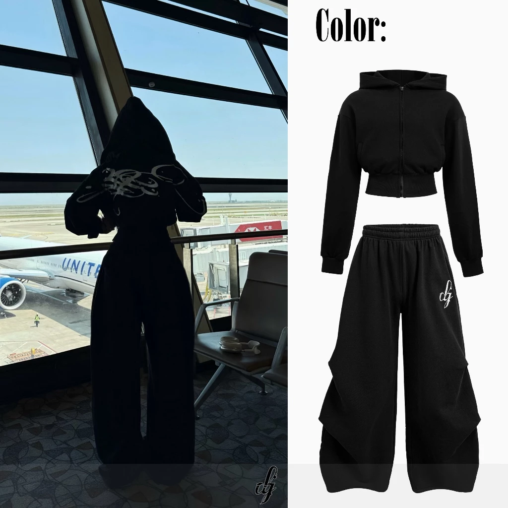 [ 𝐆𝐀𝐓𝐄 𝟐𝟑: 𝐀𝐋𝐋 𝐁𝐋𝐀𝐂𝐊 ] Áo khoác nỉ form crop basic 440GSM - Quần nỉ ống rộng, hack chân thêu logo DANEJI SS25, thu đông