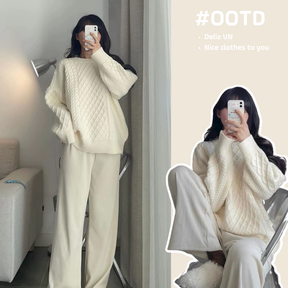 Áo Len Nữ Form Rộng Dài Tay Kiểu Họa Tiết Vặn Thừng Chất LEN Lông Thỏ Dày Dặn .DELIZ M105