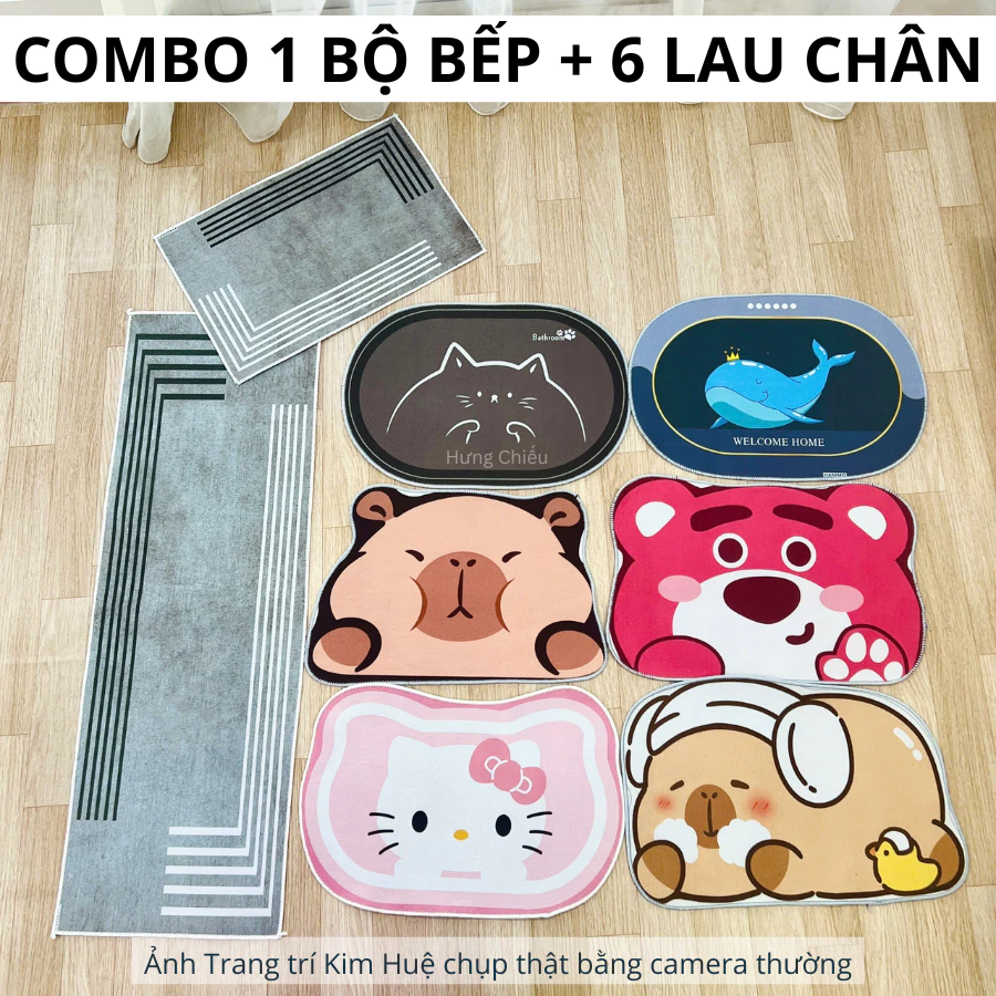 Combo bộ thảm bếp 2 tấm kèm 6 thảm lau chân bầu dục 3D bali nỉ lì trải sàn bếp, nhà tắm X15