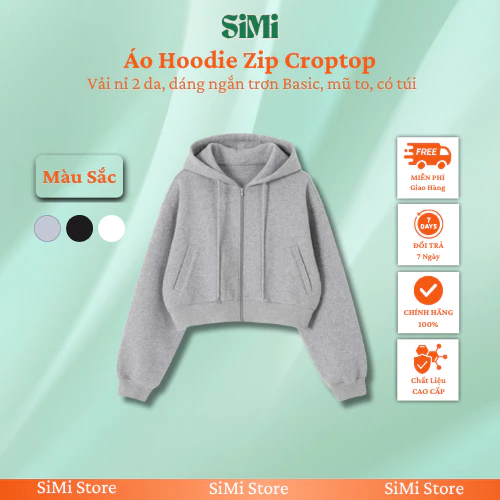 Áo hoodie zip croptop nữ simi, áo khoác nỉ 2 da dáng ngắn basic có mũ túi dày dặn thời trang hàn quốc
