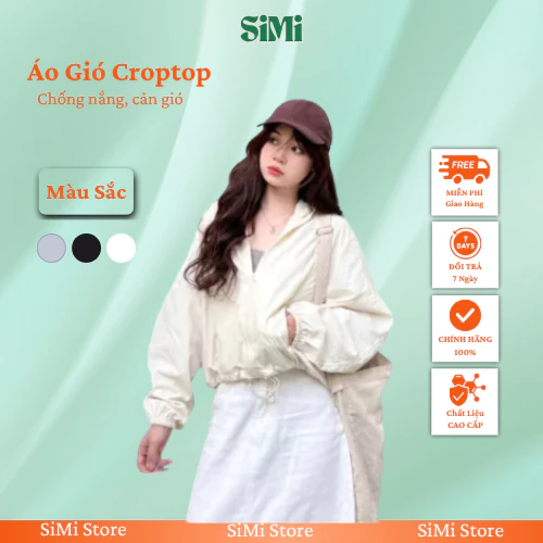 Áo Gió croptop nữ SiMi dáng lửng có mũ dây rút chống nắng, chống gió, chất liệu cao cấp