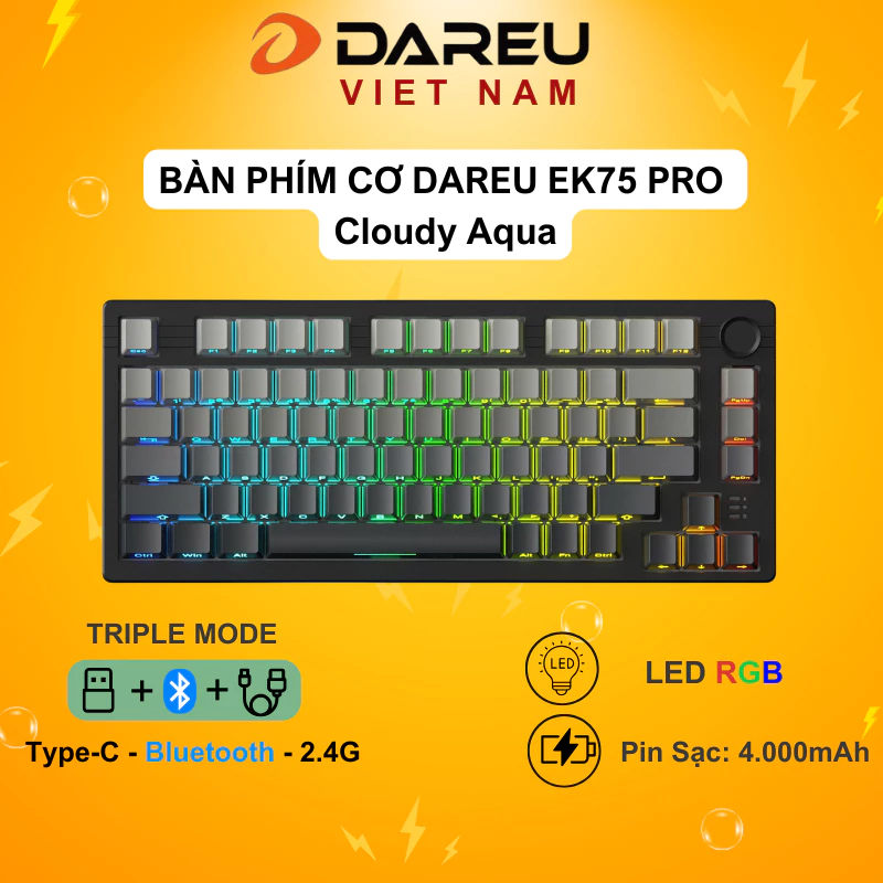 Bàn phím cơ DAREU EK75 PRO Cloudy Aqua (Triple Mode ,Hotswap, RGB,Keycaps Cherry profile)