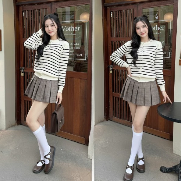 Áo Khoác Cardigan Nữ Len Sọc Kẻ Basic Áo Len Quảng Châu Dáng Ngắn Cổ Tròn Mềm Mại