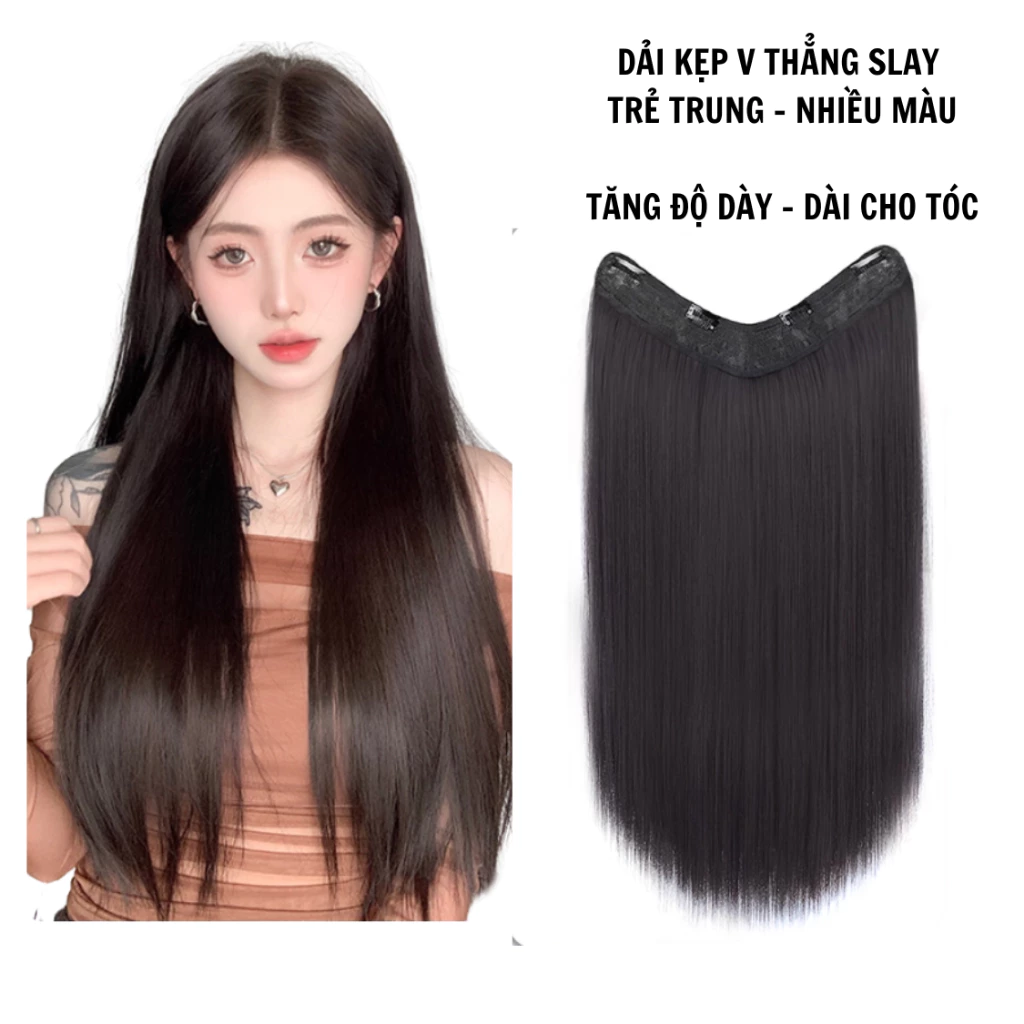 Tóc giả kẹp nửa đầu kiểu V, kiểu tóc giả nữ đẹp chất tóc mềm mượt cao cấp dài 50CM - TÓC GIẢ KIỂU V THẲNG