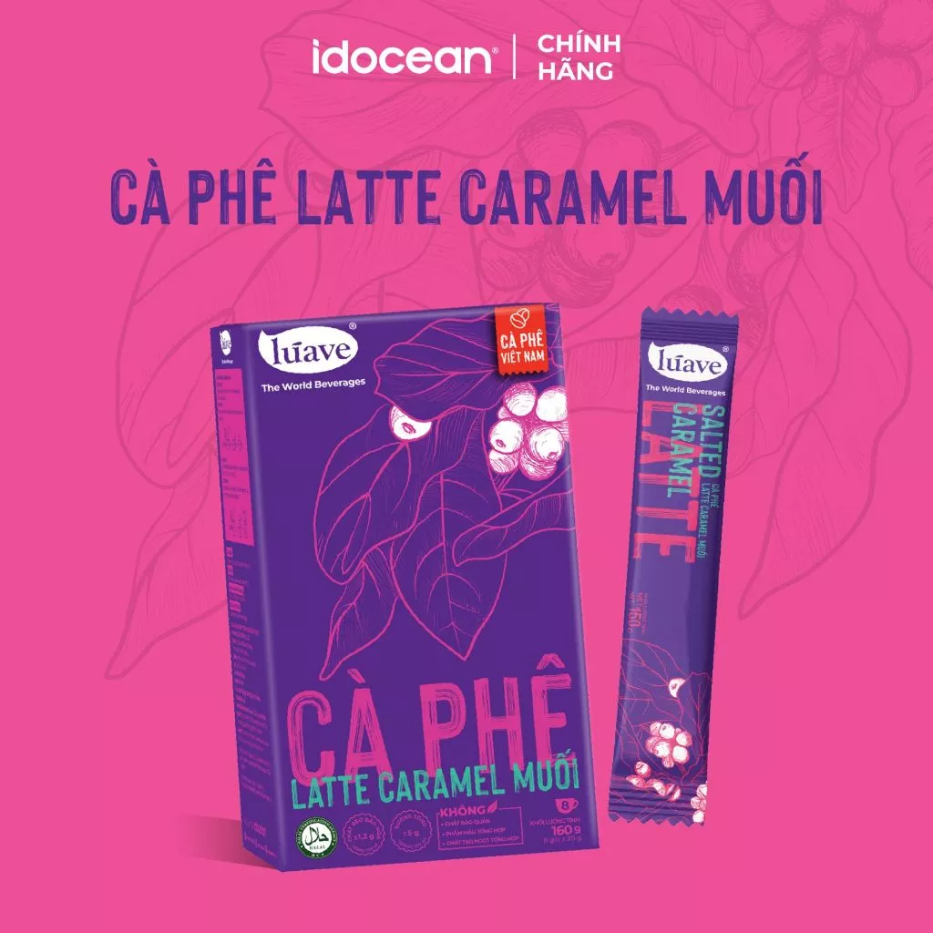 Cà phê latte caramel muối Lúave, chiết xuất từ hạt cà phê Robusta Việt Nam, sử dụng cỏ ngọt Stevia, hộp 8 gói *20g