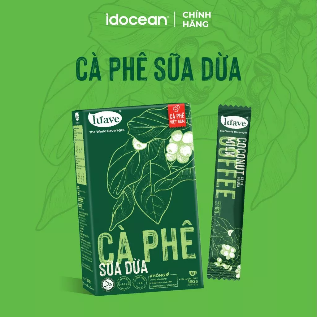 Cà phê sữa dừa Lúave, chiết xuất từ hạt cà phê Robusta Việt Nam, hương vị đậm đà, sử dụng cỏ ngọt Stevia, hộp 8 gói *20g