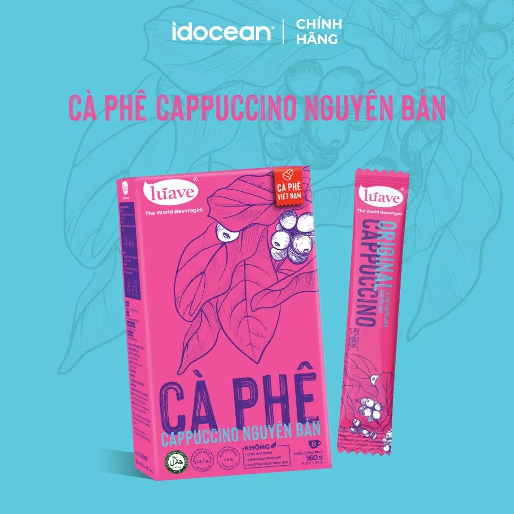 Cà phê cappuccino nguyên bản Lúave, chiết xuất từ hạt cà phê Robusta, sử dụng cỏ ngọt Stevia, hộp 8 gói *20g