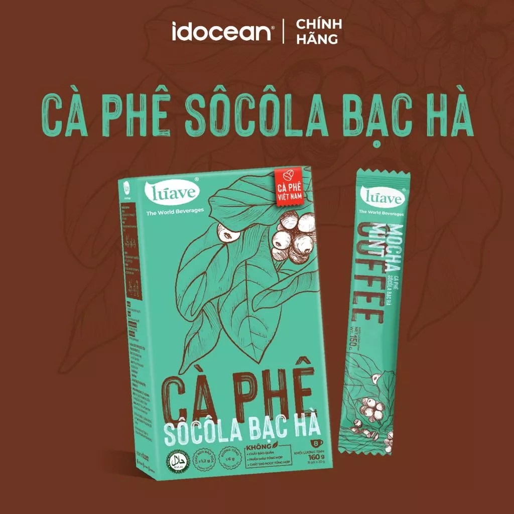 Cà phê socola bạc hà Lúave, chiết xuất từ hạt cà phê Robusta Việt Nam, sử dụng cỏ ngọt Stevia, hộp 8 gói *20g