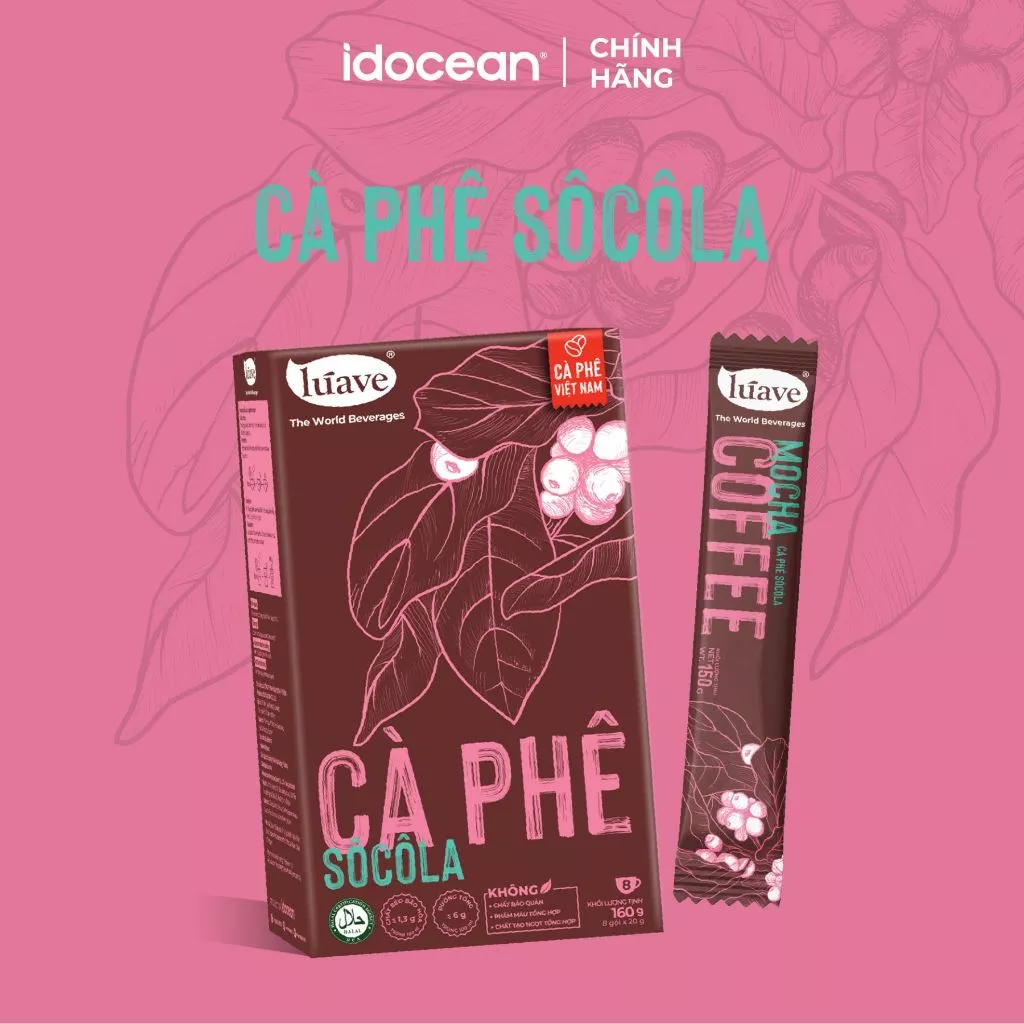 Cà phê socola Lúave, chiết xuất từ hạt cà phê Robusta Việt Nam, hương vị đậm đà, sử dụng cỏ ngọt Stevia, hộp 8 gói *20g