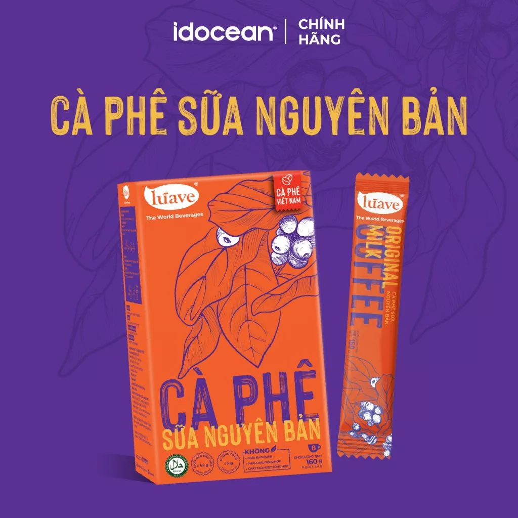 Cà phê sữa nguyên bản Lúave, chiết xuất từ hạt cà phê Robusta Việt Nam, sử dụng cỏ ngọt Stevia, hộp 8 gói *20g