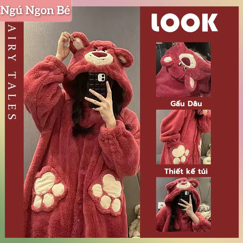 Đồ Ngủ Nữ, Thiết Kế Dễ Thương, Vải Nhung San Hô, Váy Ngủ, Đồ Ngủ Mùa Đông, Với Họa Tiết Gấu Dâu Tây Hoạt Hình Động Vật