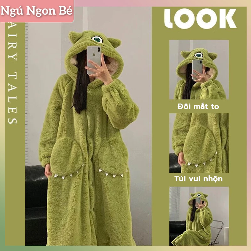 Đồ Ngủ Lông Cừu San Hô Mắt To Hoạt Hình, Thiết Kế Dễ Thương, Dành Cho Nữ, Áo Choàng Ngủ Có Mũ Trùm Đầu