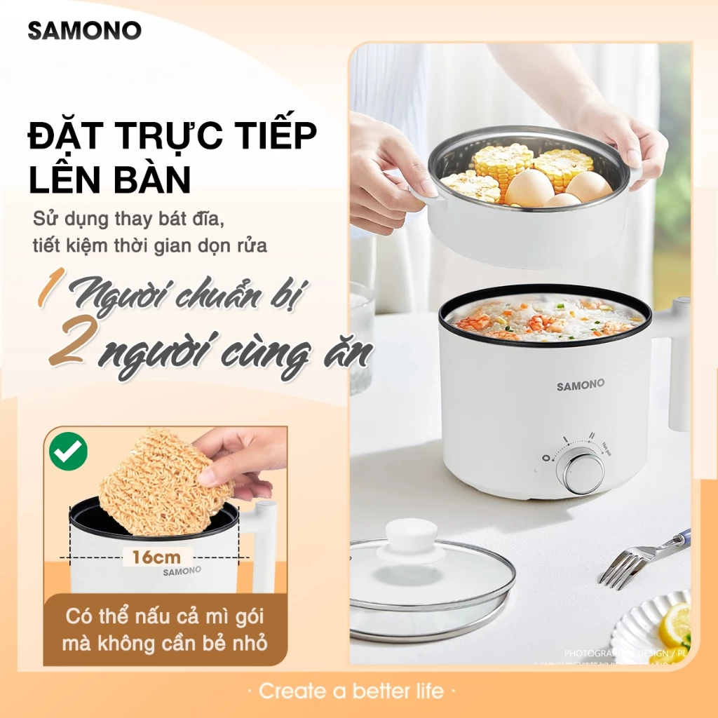 (BH 1 năm) Nồi điện đa năng dung tích 1.5L Samono SW-DG04S phủ 2 lớp chống dính, công suất 450W, kèm xửng hấp inox