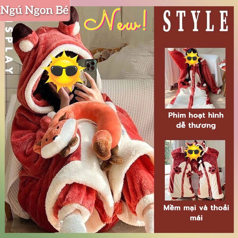 Đồ Ngủ Nhung San Hô Dài Trung Bình Dễ Thương Cho Nữ, Bộ Sưu Tập Mùa Đông, Thiết Kế Hình Động Vật Và Cáo Hoạt Hình