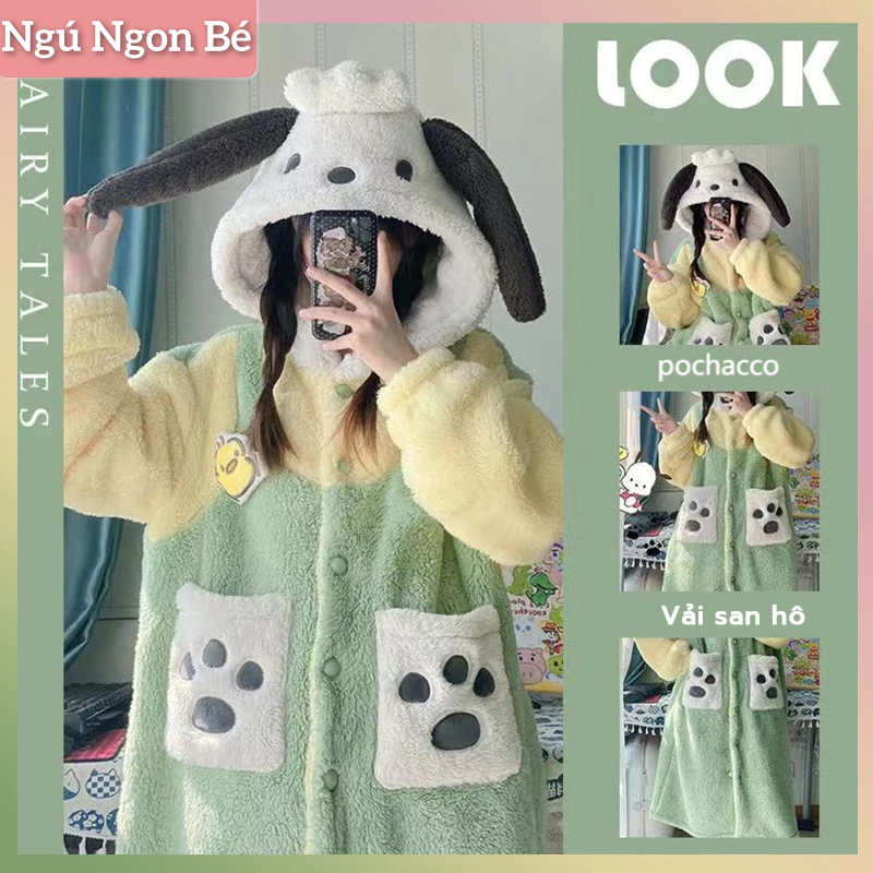 Váy Ngủ Có Mũ Trùm Đầu, Dành Cho Nữ, Thiết Kế Pochacco Dễ Thương,Áo choàng ngủ nỉ Pompompurin