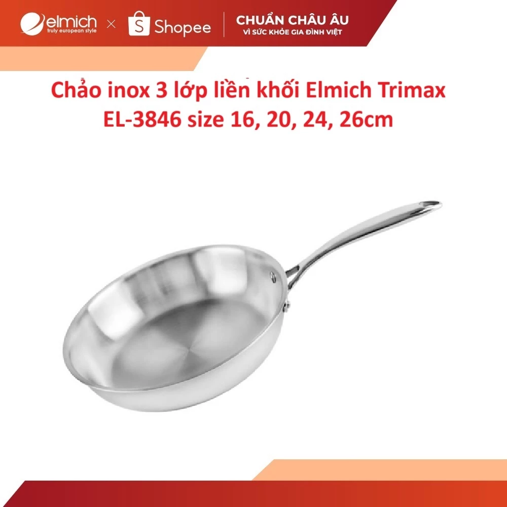 Chảo inox 304 đáy liền nguyên khối Elmich Trimax EL-3846 size 16, 20, 24, 26cm