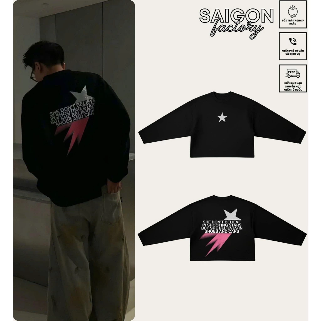 Áo Thun Tay Dài Shooting Stars Kim Tuyến Long Sleeve Boxy Form Rộng Cổ Tròn Unisex Nam Nữ Phong Cách