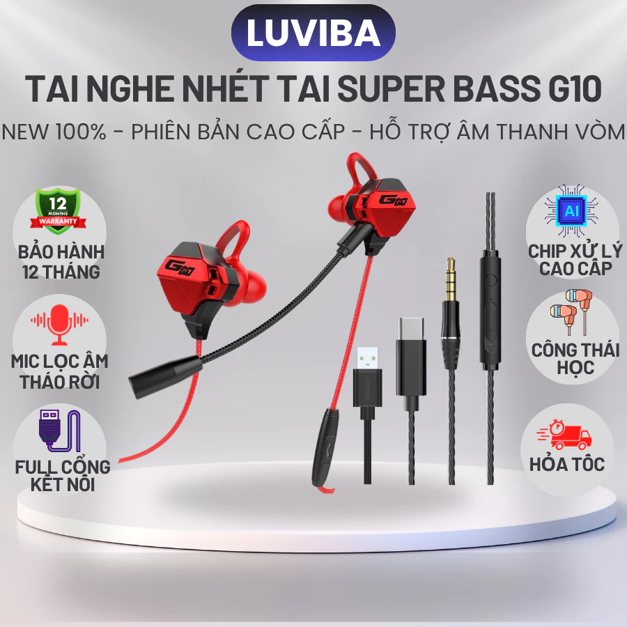 Tai nghe nhét tai Gaming G10 Pro chống ồn cao cấp dùng cho máy tính, điện thoại, Có Mic Rời xoay 360