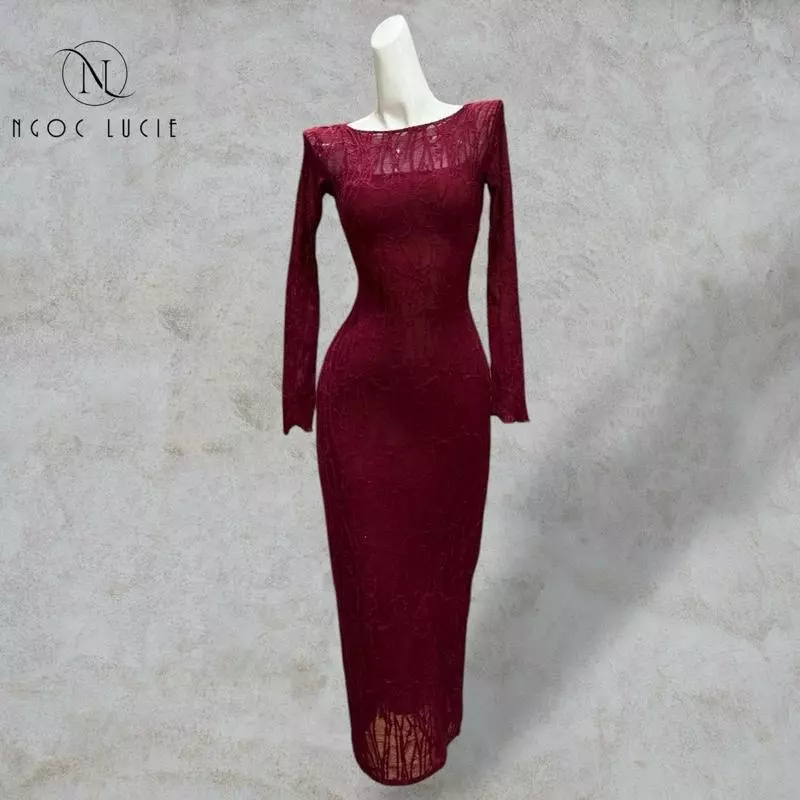 D1071 - Đầm Body Cổ Tròn Tay Dài Vải Ren Kèm Đầm Lót Rời Phong Cách Sang Trọng Tôn Dáng - Ngọc Lucie