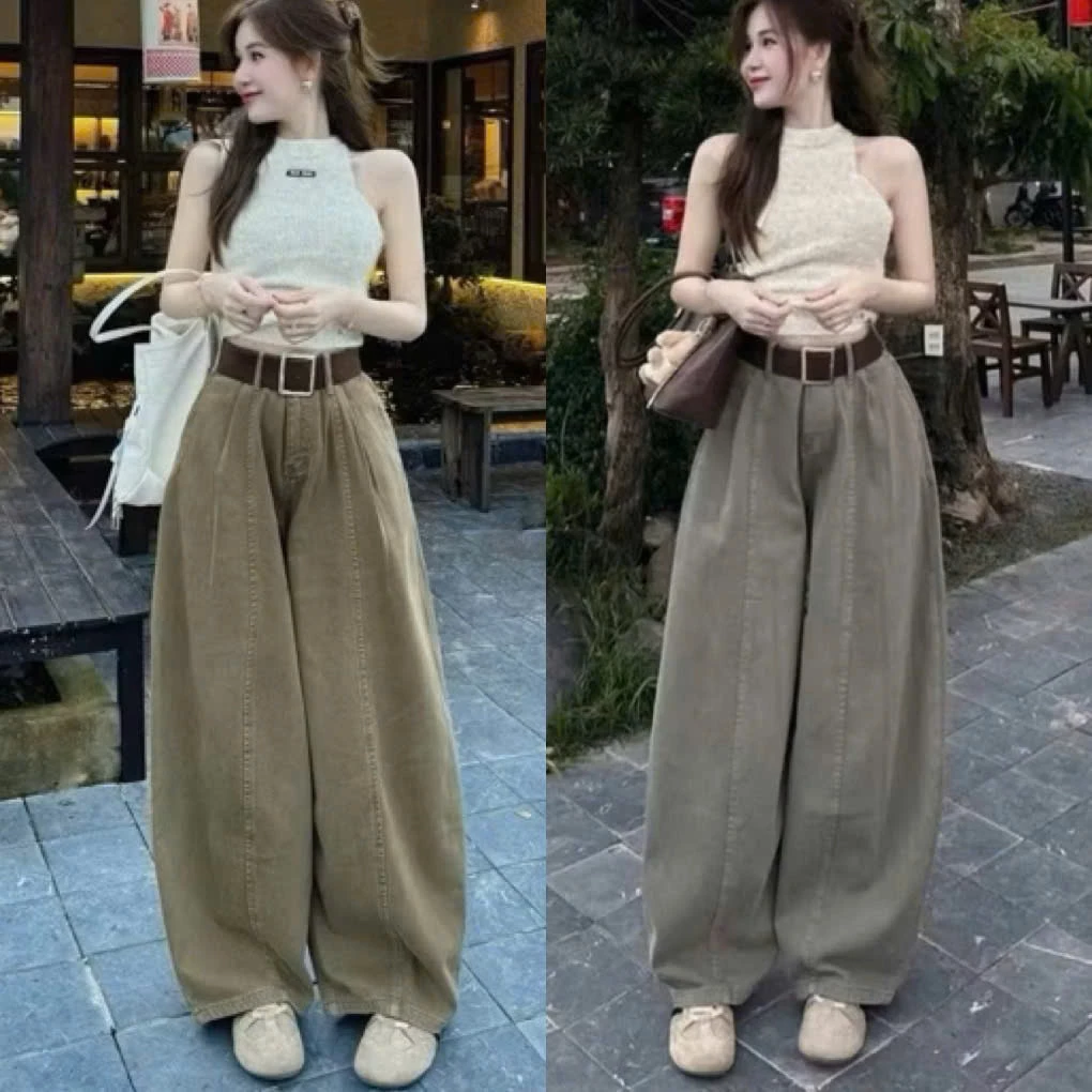 Quần jeans nữ ống suông dáng thụng túi nhúm chất bò mềm 2 màu mới siêu hot mã QS44