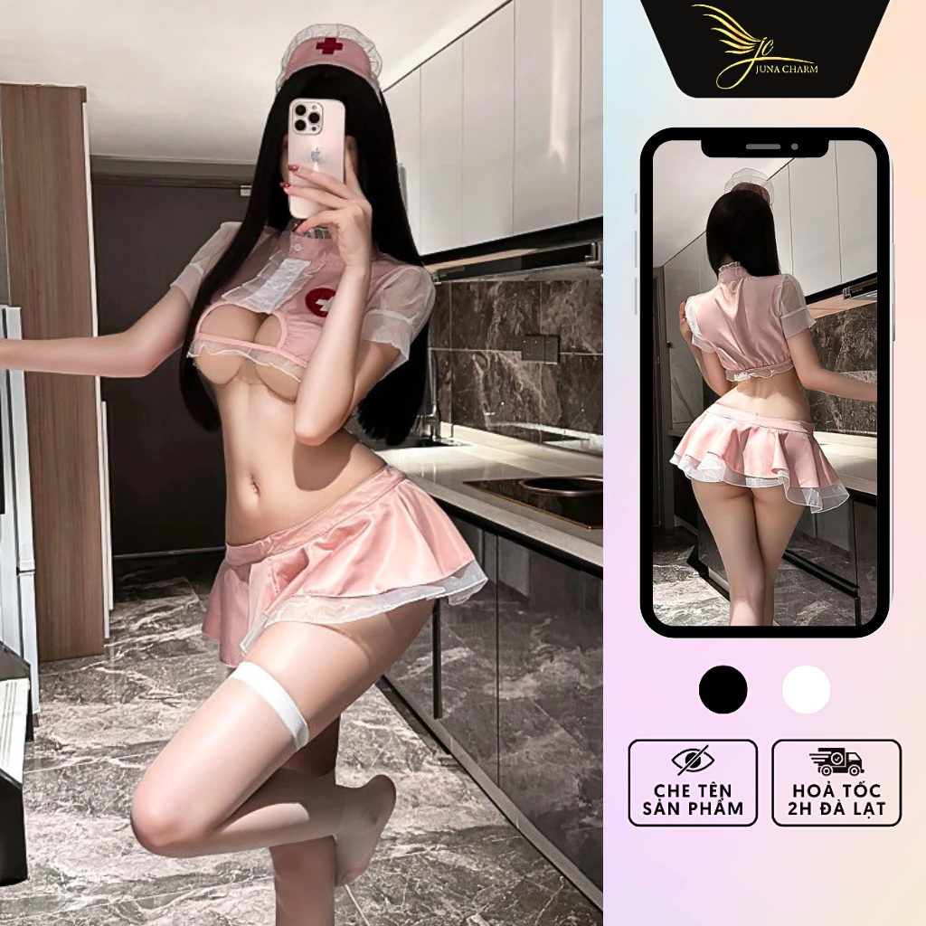Cosplay Y Tá, Bộ Váy Ngủ Hóa Trang JUNA Freesize Dành Cho Nữ Thời Trang Đồ Ngủ Chất Polyester Phối Voan, Màu Hồng/SP2001