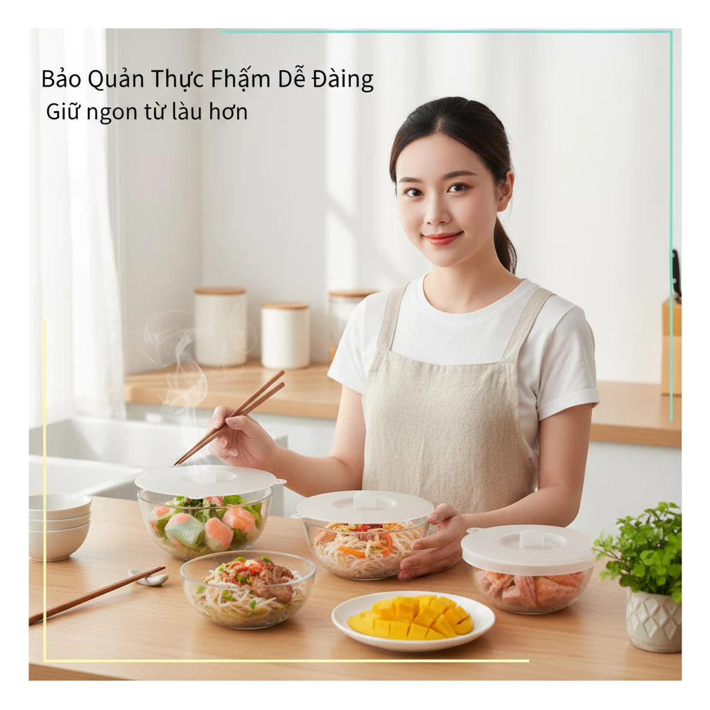 Bộ 5 Kích thước Miếng Silicone Bọc Thực Phẩm Cao Cấp - Nắp đậy màng Silicon bảo quản thức ăn Dày Dặn Độ Co Giãn Tốt
