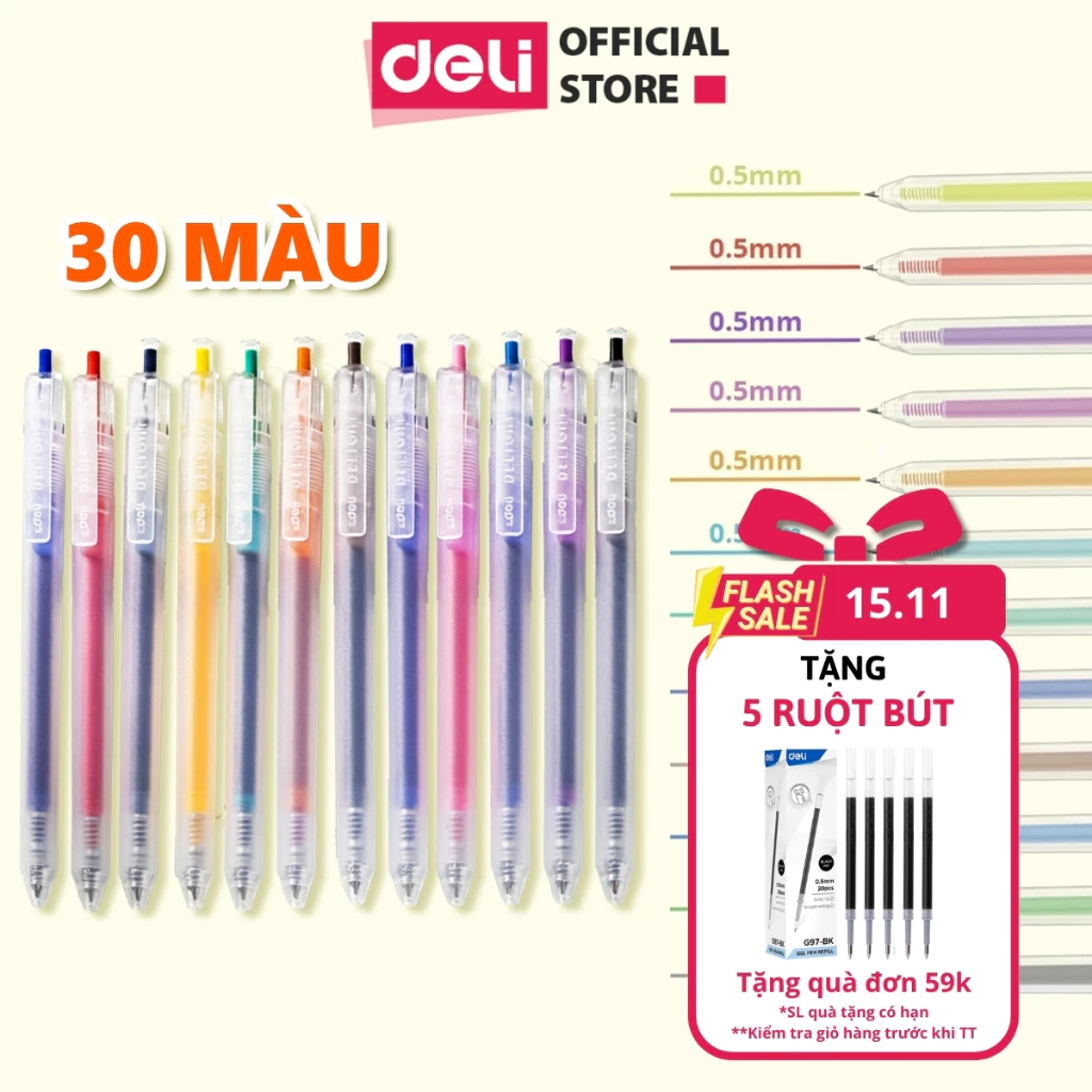 [30 MÀU MỚI] Bút Bi Nước Mực Gel Bấm Nhiều Màu Nhanh Khô 0.5mm Deli-Viết Bi Học Sinh Văn Phòng Mực Đều Lâu Hết Mực EG118