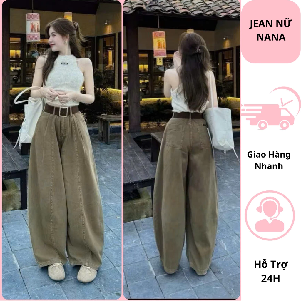Quầ jeans nữ ống suông rộng cạp cao hack dáng màu nâu tây chất vải mềm mại - quần bò nữ ống rộng form rộng siêu cute