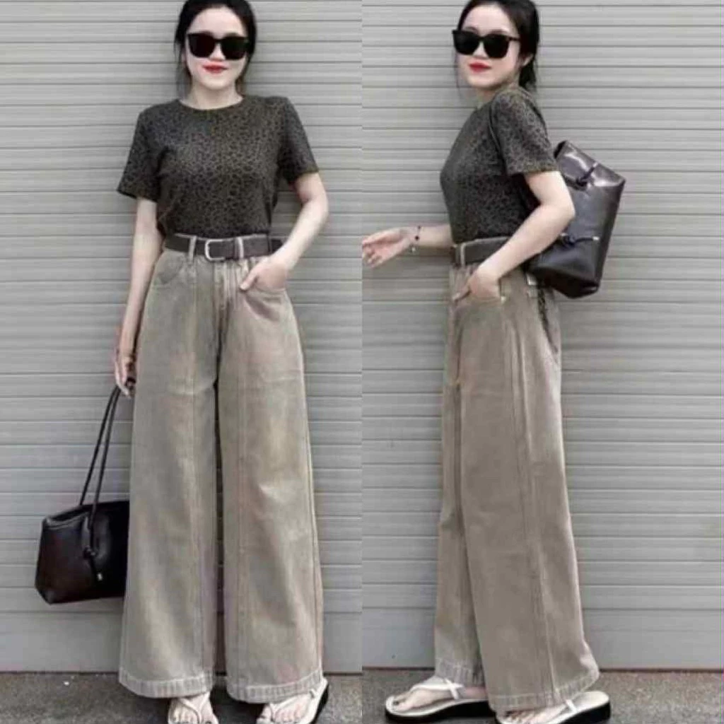 Quần jeans suông denim sọc giữa gấu to lưng cao màu nâu tây phong cách trẻ trung