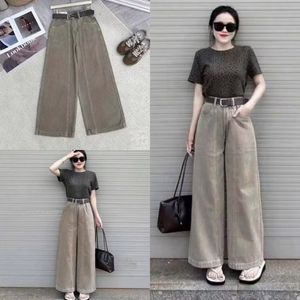 Quần bò suông nâu tây gân giữa gấu to cạp cao phom dáng chuẩn dễ phối đồ