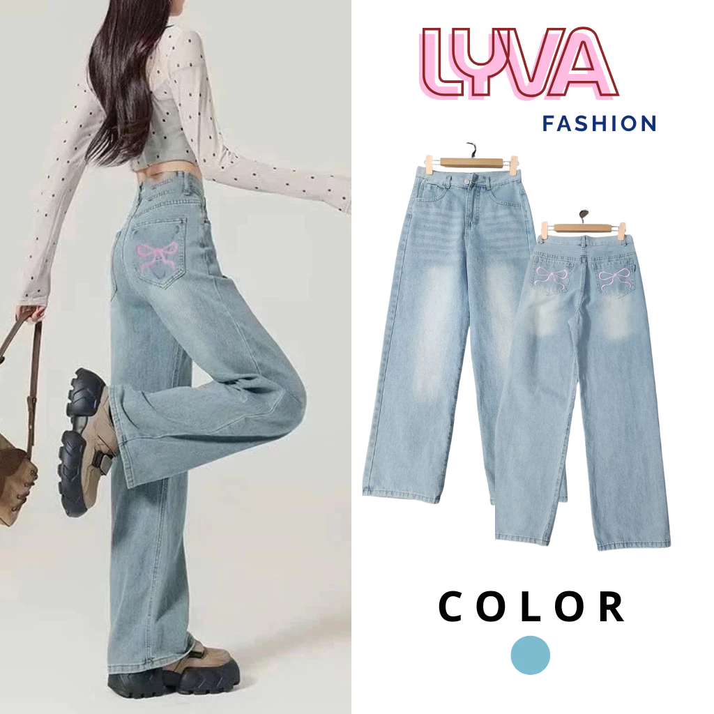 Quần Jeans Nữ Ống Rộng Cạp Cao Thêu Nơ Túi Siêu Xinh | Quần Bò Nữ Dáng Suông Màu Xanh Dơ Hot Trend  - LyVa Fashion