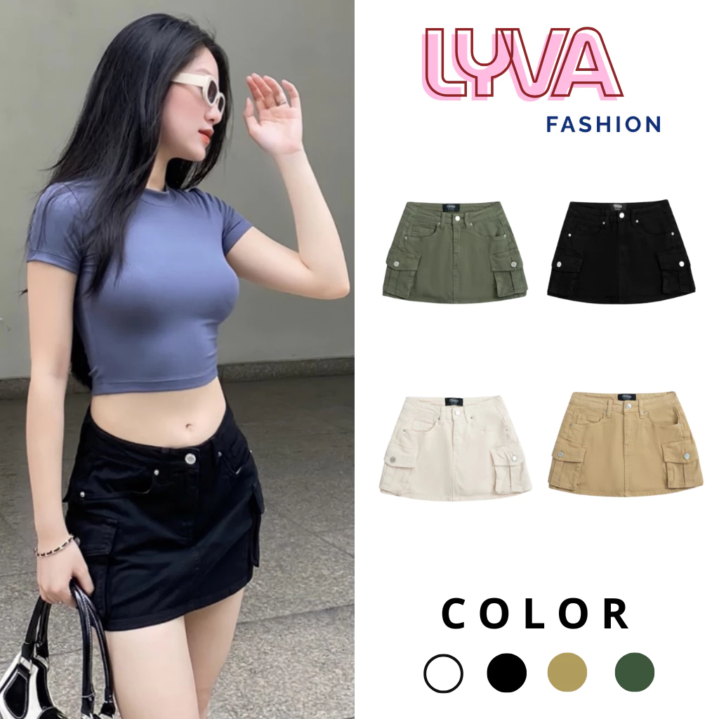 CHÂN VÁY TÚI HỘP y2k denim chân váy ngắn chữ a có quần bảo hộ cạp cao màu kem, rêu, đen, trắng - LyVa Fashion