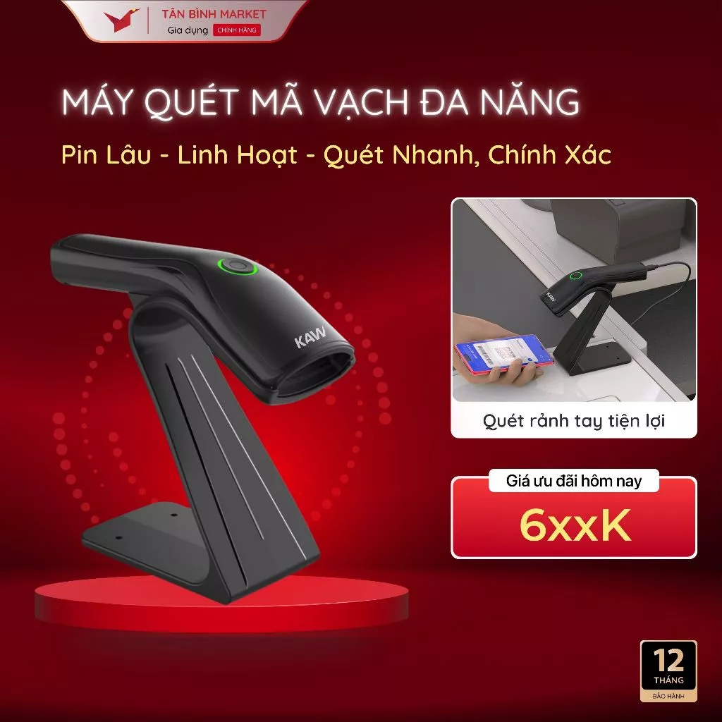 Máy Quét Mã Vạch KAW Đa Năng - Quét Mã Vạch Đa Tia, Mã 1D, Mã QR, Kết Nối Điện Thoại, Bảo Hành 12TH