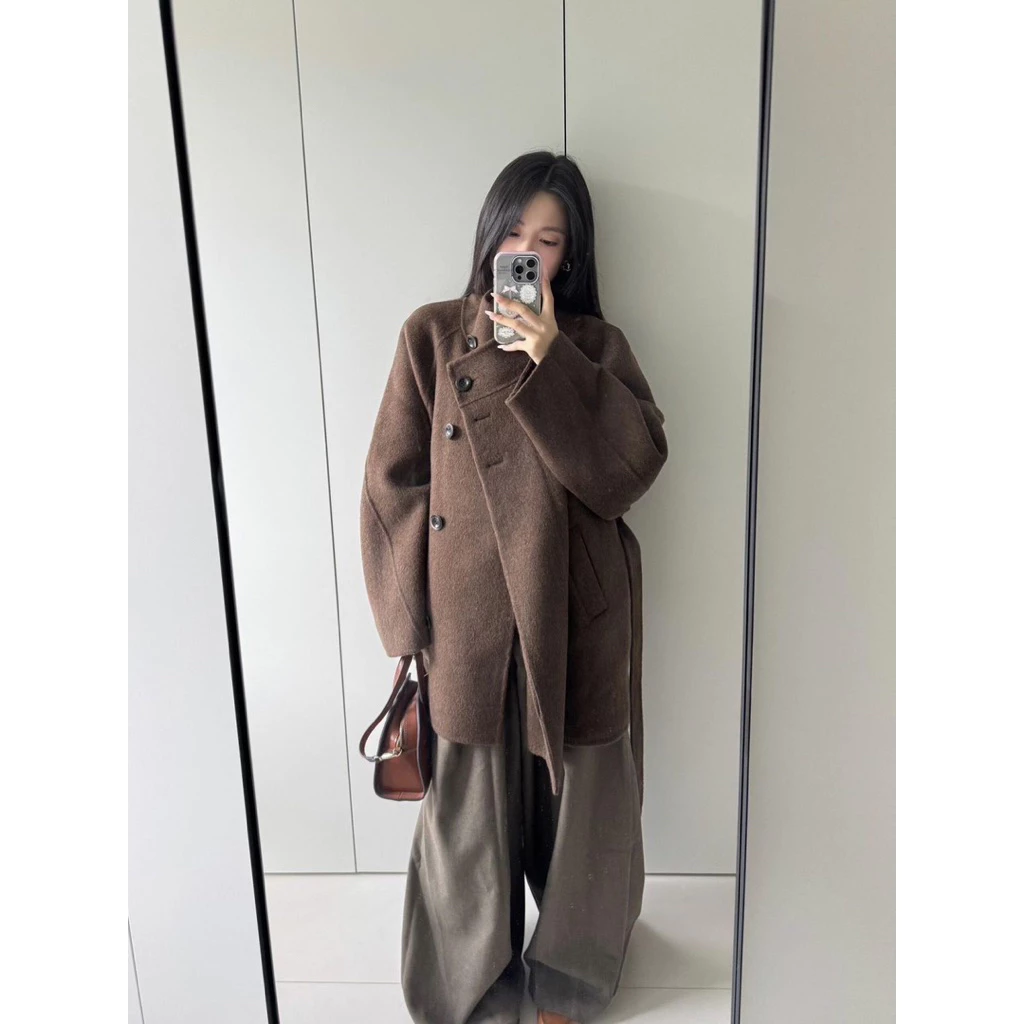 [668] Khoác manto nâu dáng ngắn cho Nữ chất dạ dày dặn hai lớp ấm nặng tay phong cách retro Hàn Quốc dễ phối mix đồ