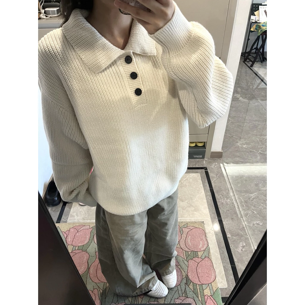 𝐂𝐡𝐚𝐫𝐥𝐨𝐭𝐭𝐞.𝐨𝐝_ Áo Polo Len Dệt Kim Dáng Vừa Màu Trắng Ngà Cổ Điển Hàng Loại 1