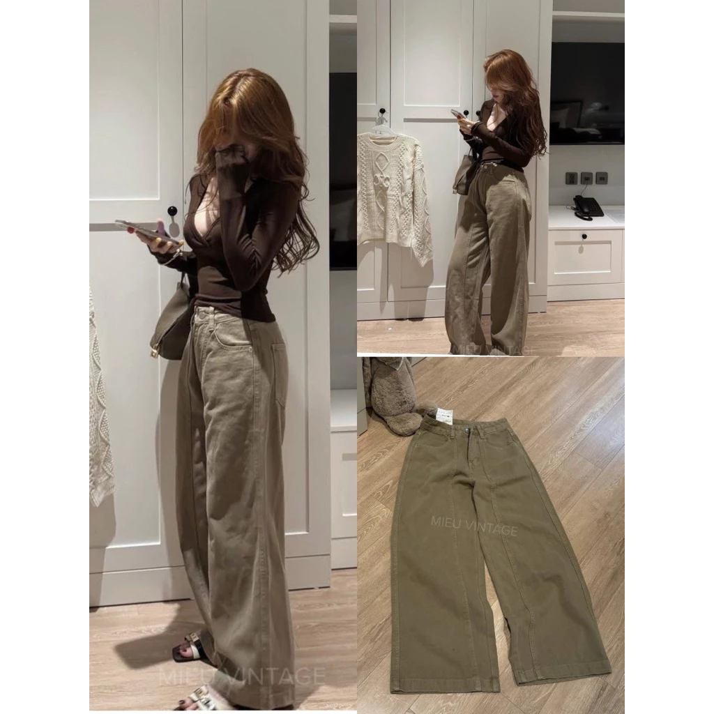 Quần Bò Jeans Nữ Ống Rộng, Quần Bò Denim Suông Ống Rộng Trơn Màu Nâu Đậm Phối Gân Bản Cạp Cao Siêu Hách Dáng Cực Đỉnh