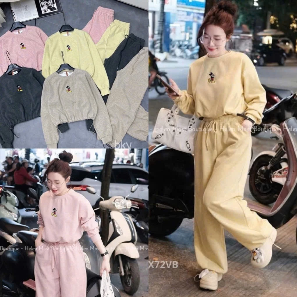 Set Bộ Đồ Nữ Len Tăm Lông Thỏ Thêu Chuột Mickey Áo Dài Tay Dáng Lỡ Dây Rút Gấu Mix Quần Dài Ống Rộng Bo Chun Dây Gấu