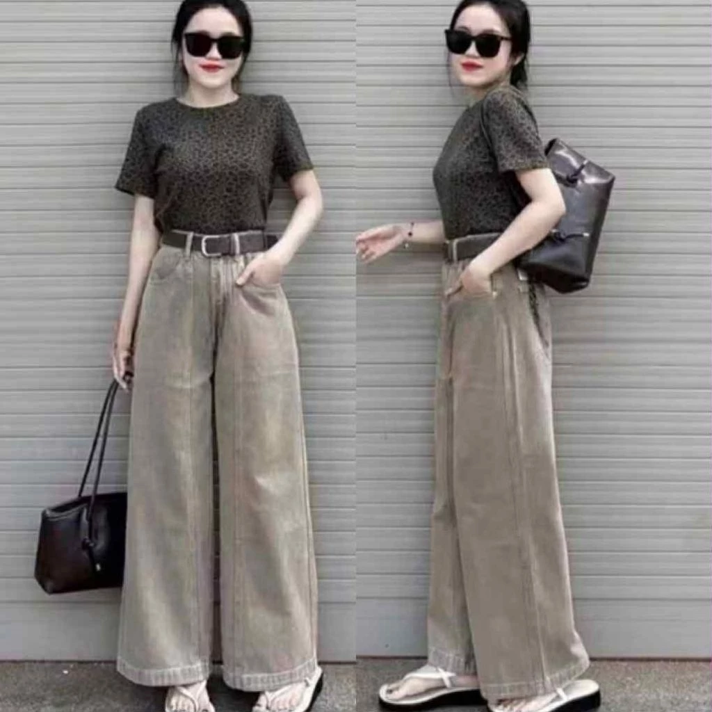 Quần jeans gân nâu tây gân giữa nổi bật gấu 3cm lưng cao phom ống rộng ôm eo hách dáng