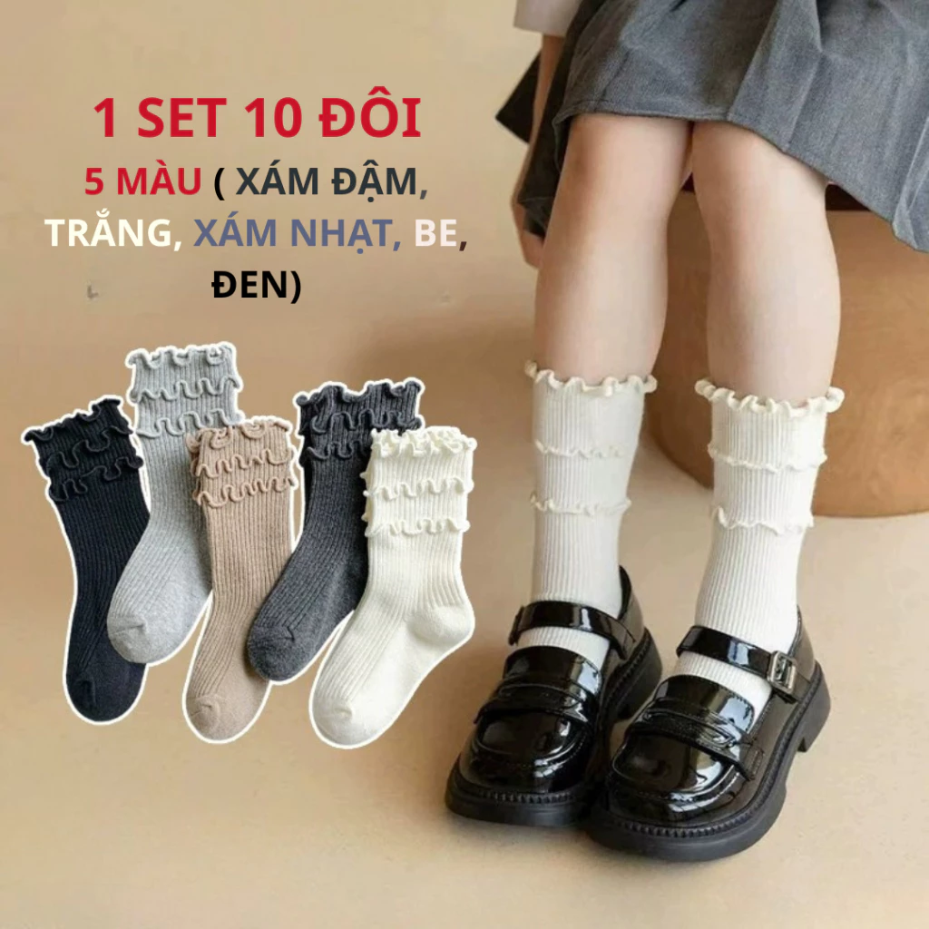Combo 10 Đôi Tất Cổ Cao Viền Nơ Didooglt Bèo Công Chúa Bé Gái 1-12 tuổi Phong Cách Hàn Quốc Cho Bé