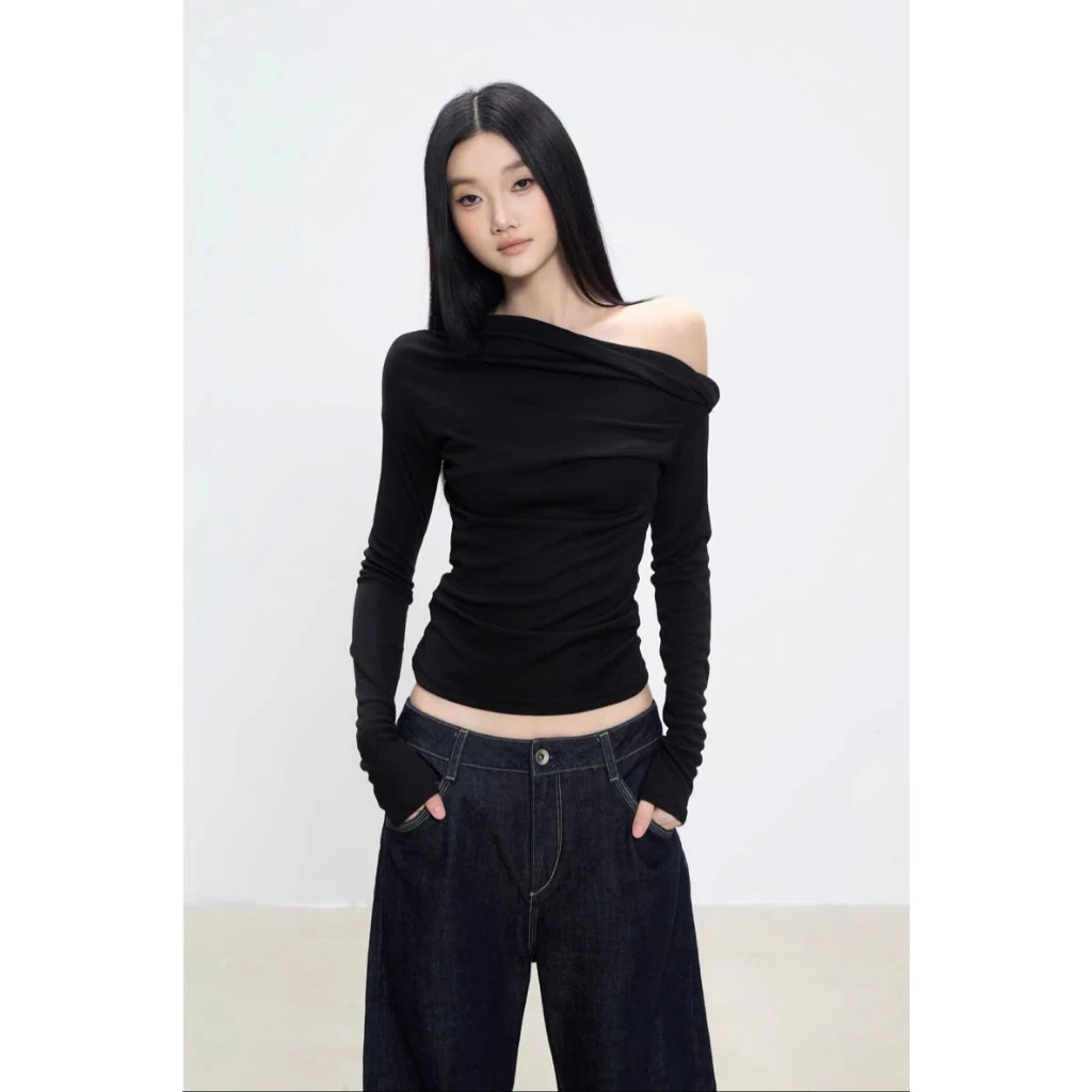 Áo ôm lệch vai xoắn tay dài thun thu đông đen/nâu/đỏ p66- Orimi