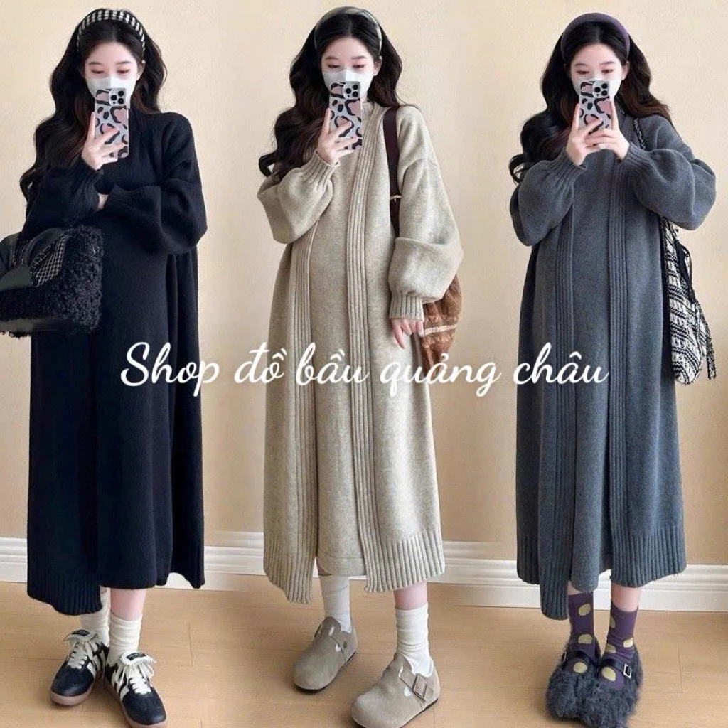 Váy bầu len, sét váy len bầu dày đẹp loại 1, áo khoác + váy( sẵn xám và đen)