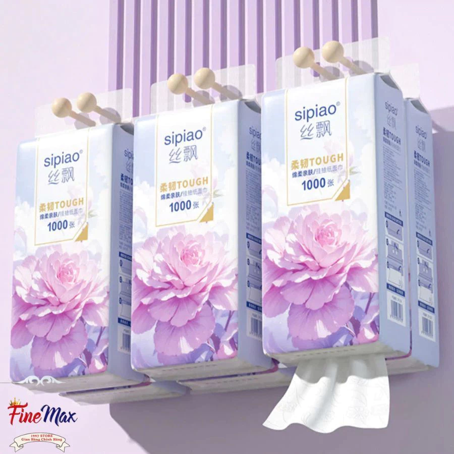 [Thùng 10 Bịch] Giấy Ăn Rút Treo Tường SIPIAO Hoa Mẫu Đơn Tím, Khăn Giấy Ăn 4 Lớp, Tặng Kèm Móc Treo, Bịch/1000 Tờ