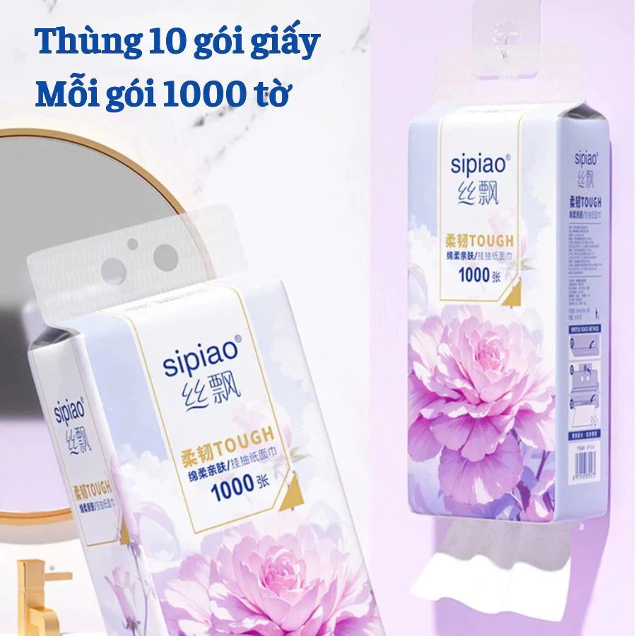 [Thùng 10 Bịch] Giấy Ăn Rút Treo Tường SIPIAO Hoa Mẫu Đơn Tím, Khăn Giấy Ăn 4 Lớp, Bịch/1000 Tờ Tặng Kèm 4 Móc Treo