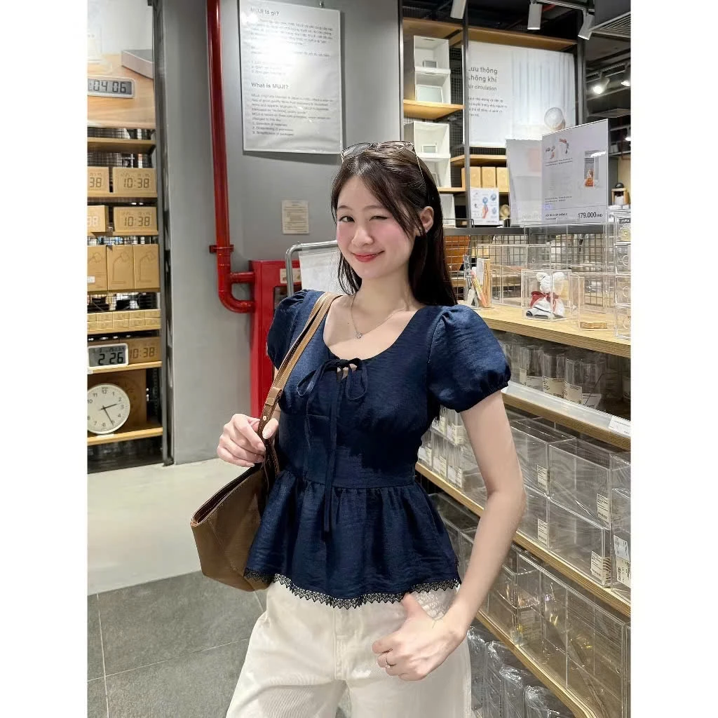 Áo Kiểu Nơ Buộc Bo Eo Tay Bồng Pha Ren D522